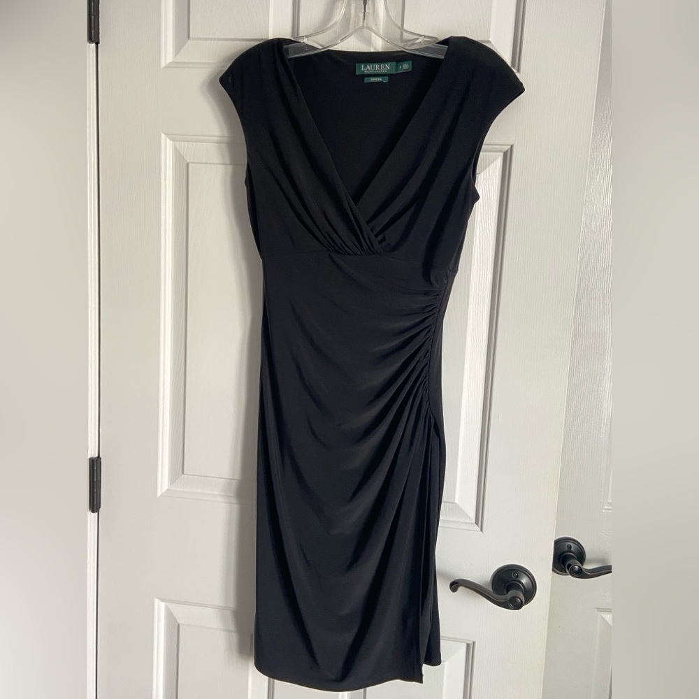 Lauren Ralph Lauren Womens Size 2 Black Ruched Side Fitted Faux Wrap Dress